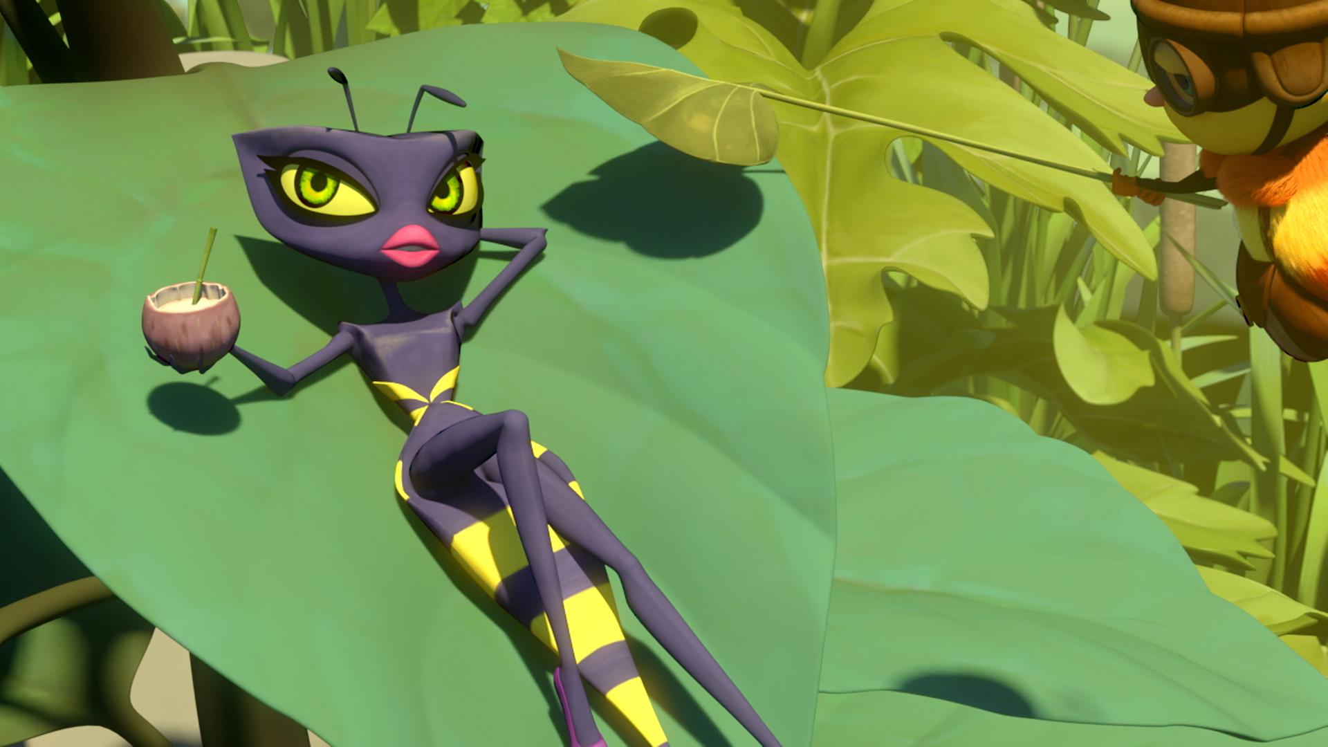 Wendy liegt auf einem Blatt und sonnt sich. In der rechten Hand hält sie ein Getränk mit Strohhalm, die linke Hand hat sie hinter ihren Kopf gelegt.