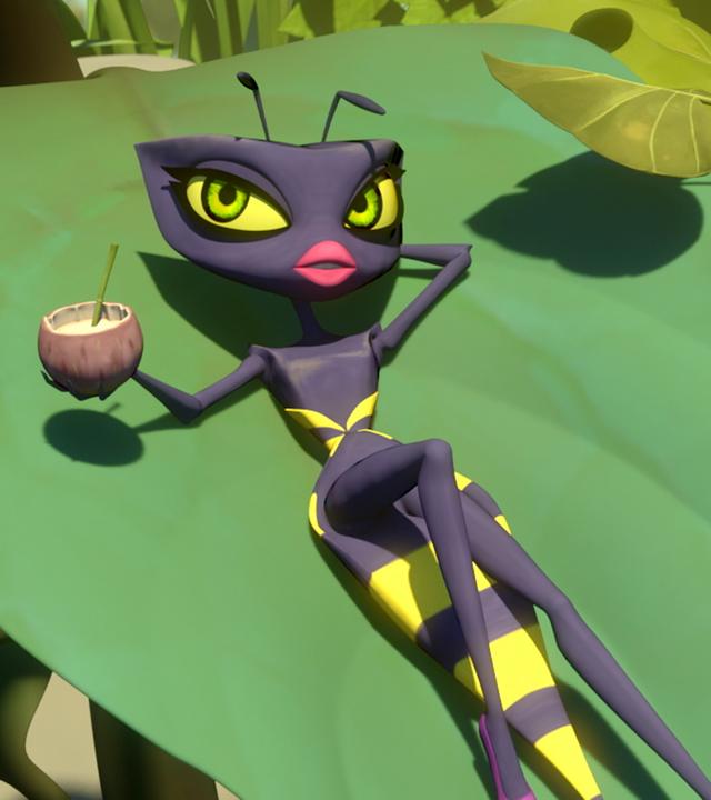 Wendy liegt auf einem Blatt und sonnt sich. In der rechten Hand hält sie ein Getränk mit Strohhalm, die linke Hand hat sie hinter ihren Kopf gelegt.