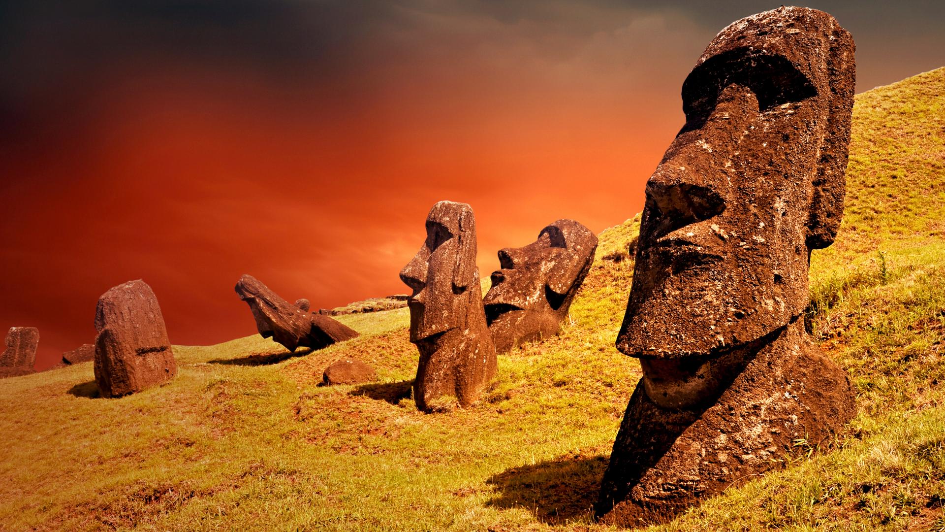 Eine Gruppe Moai Skulpturen steht auf der Osterinsel.