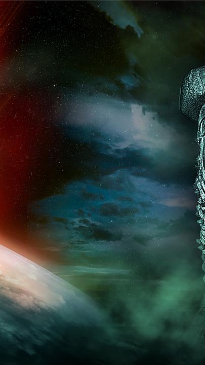  Collage. Auf dem Bild sind rechts der Bronzekopf eines akkadischen Herrschers und links der Einschlag eines Kometen zu sehen. Der Hintergrund ist grau-blau nebelig.