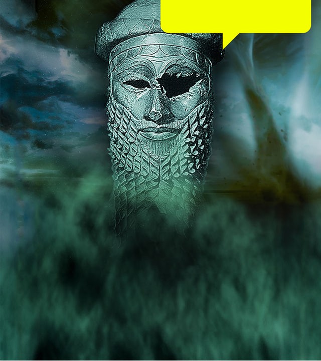  Collage. Auf dem Bild sind rechts der Bronzekopf eines akkadischen Herrschers und links der Einschlag eines Kometen zu sehen. Der Hintergrund ist grau-blau nebelig.