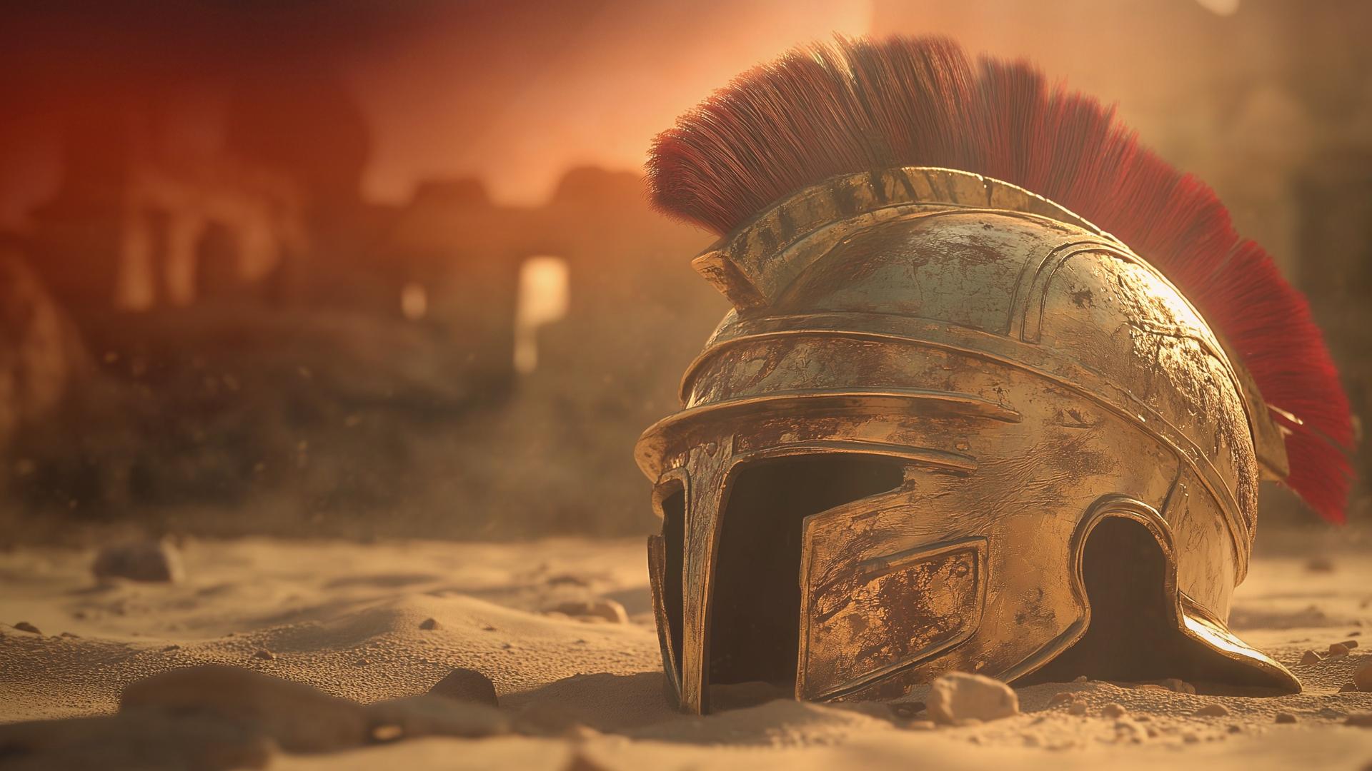 Der Helm eines römischen Soldaten im Sand; im Hintergrund die Ruinen einer antiken Ruine.