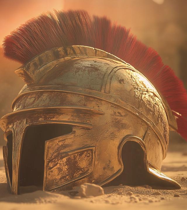 Der Helm eines römischen Soldaten im Sand; im Hintergrund die Ruinen einer antiken Ruine.