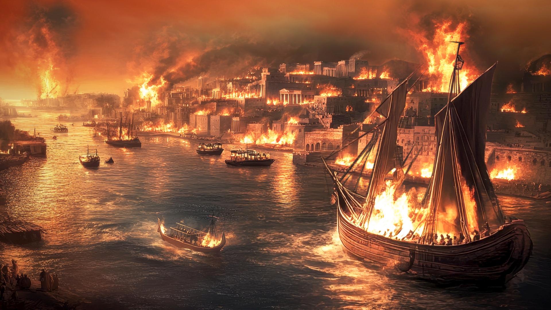 Die brennende Stadt Karthago, im Vordergund ein brennendes Schiff.
