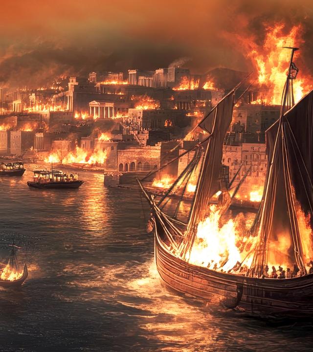 Die brennende Stadt Karthago, im Vordergund ein brennendes Schiff.
