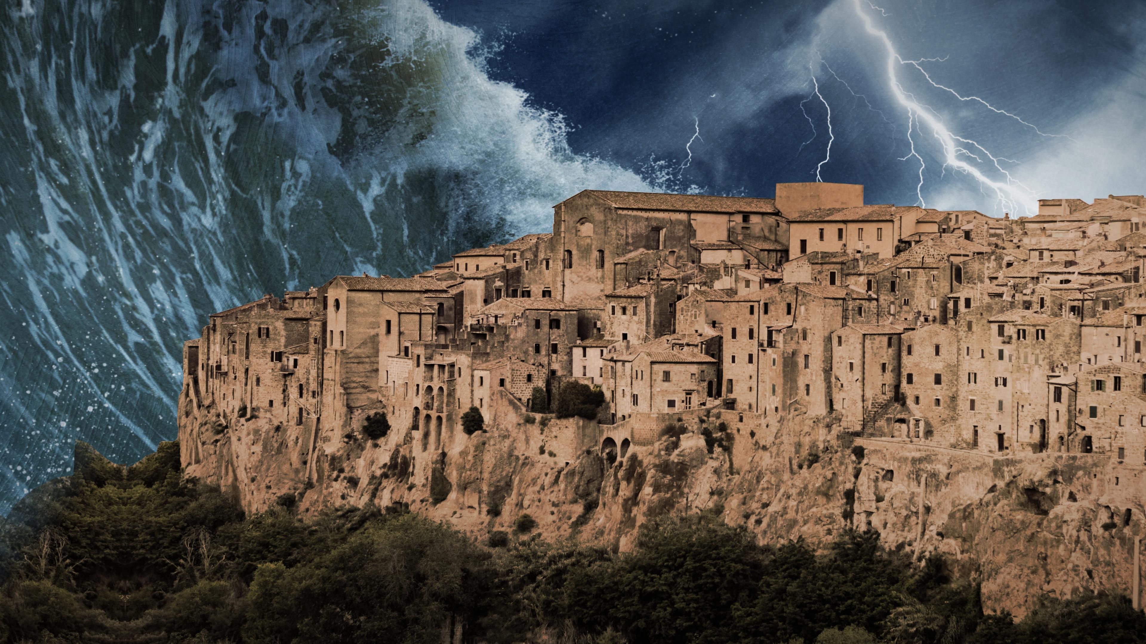 Computergrafik. Eine riesige Welle stürzt auf eine antike Stadt zu. Am Himmel sind Blitze zu erkennen.