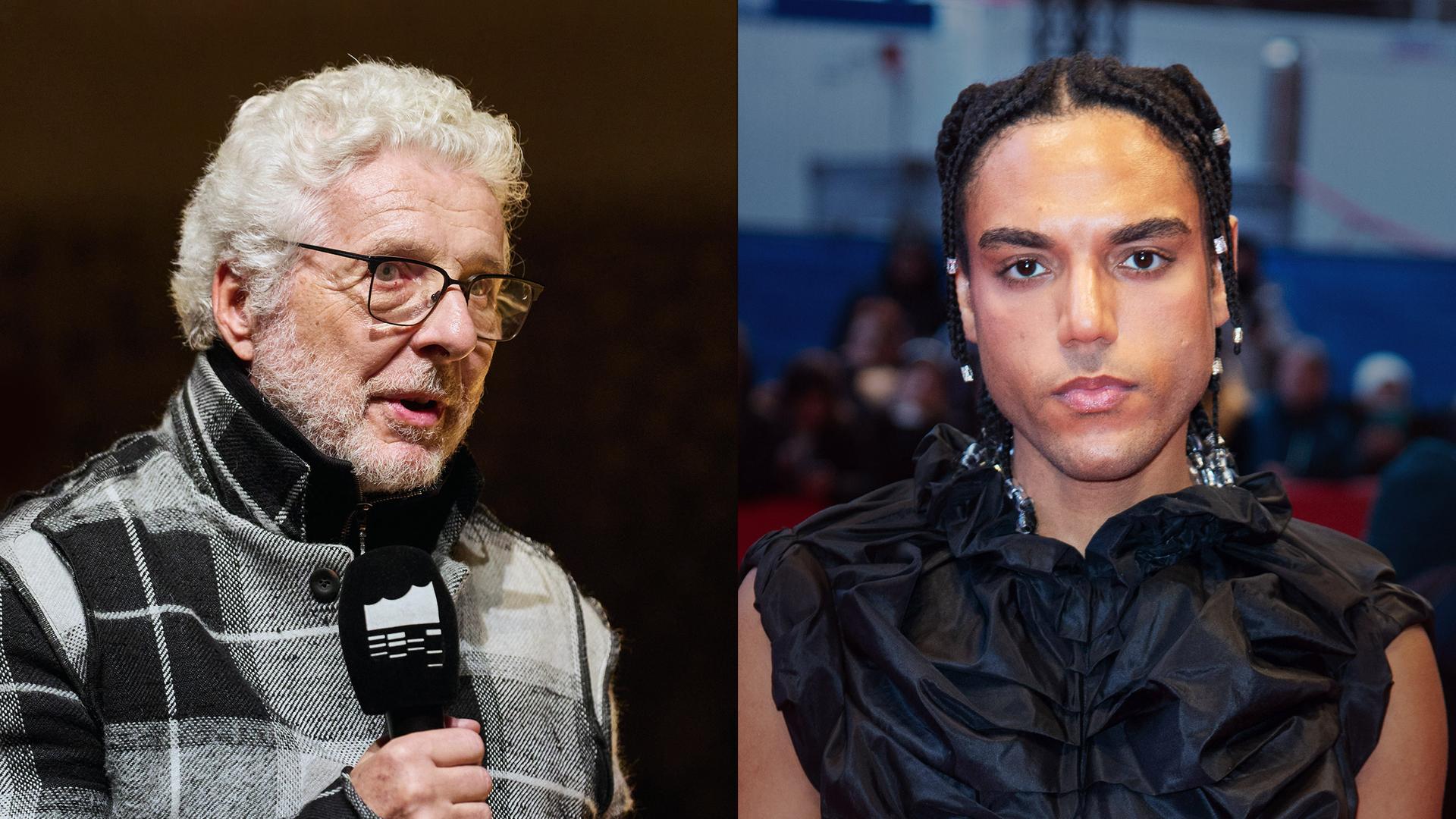 Zwei nebeneinander gestellte Porträtfotos von einem älteren Mann mit Bart, der in ein Mikro spricht und einem jüngeren Mann mit kleinen geflochtenen Zöpfen und einem gerüschten schwarzen Oberteil.