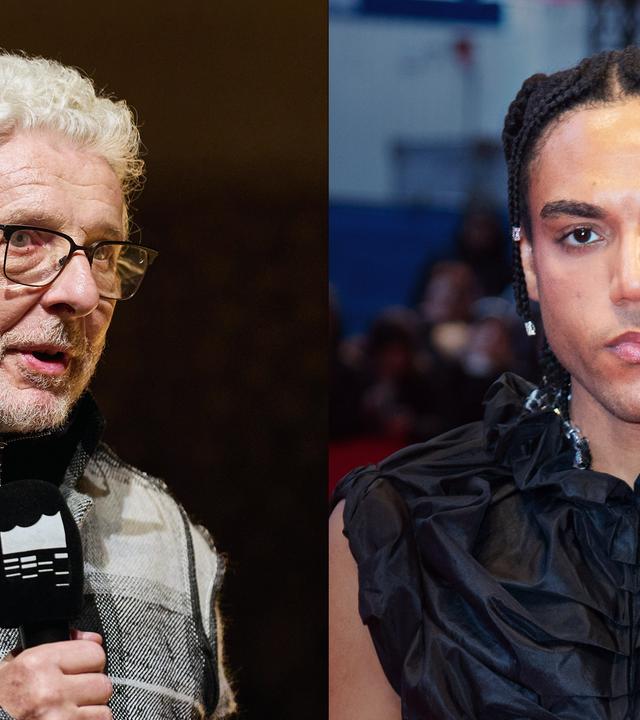 Zwei nebeneinander gestellte Porträtfotos von einem älteren Mann mit Bart, der in ein Mikro spricht und einem jüngeren Mann mit kleinen geflochtenen Zöpfen und einem gerüschten schwarzen Oberteil.