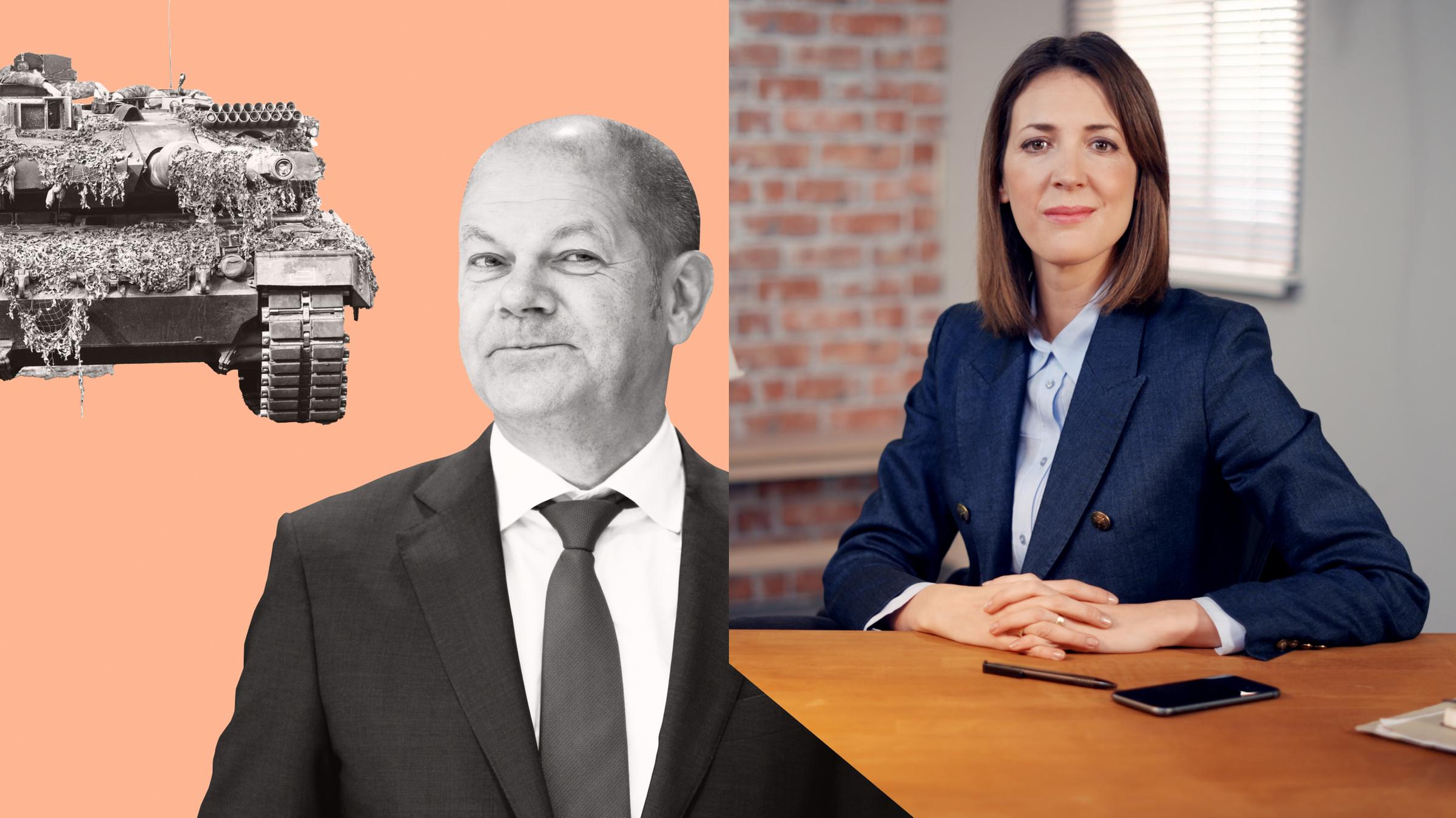 Bundeskanzler Scholz im Vordergrund und hinten im Bild ein Panzer