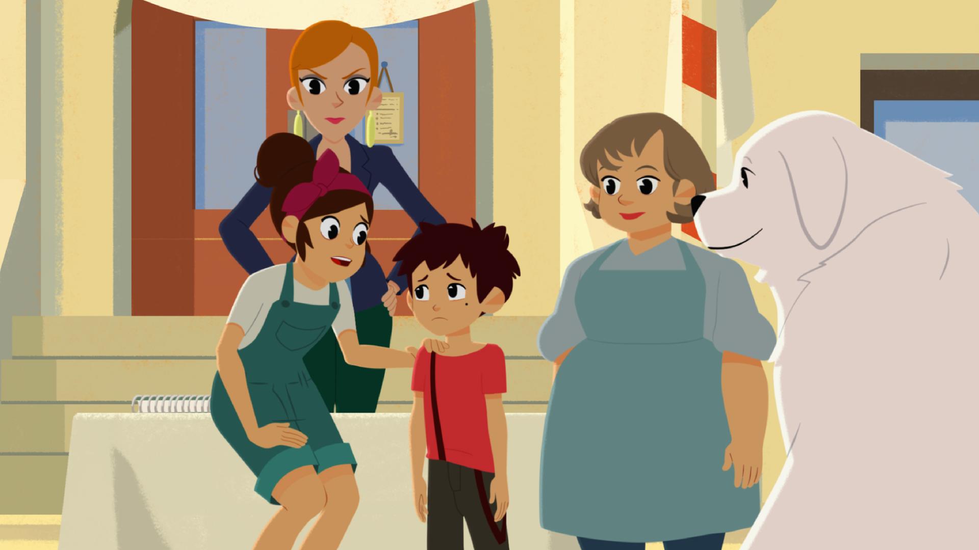 Sebastian steht traurig an der Anmeldung für das Hindernisrennen. Angelina tröstet ihn und legt ihre Hand auf seine Schulter. Belle steht zuversichtlich daneben (rechts).