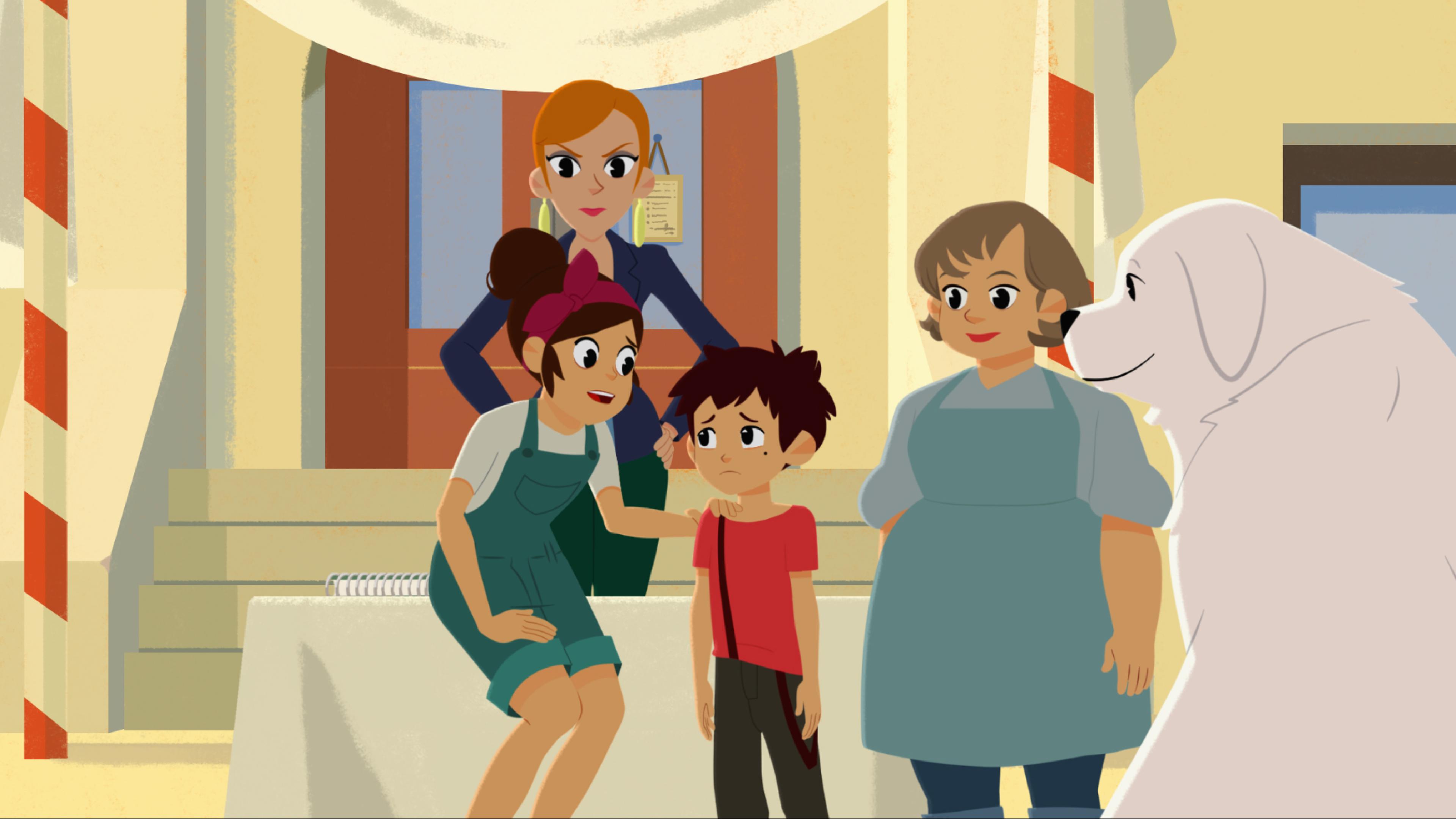 Sebastian steht traurig an der Anmeldung für das Hindernisrennen. Angelina tröstet ihn und legt ihre Hand auf seine Schulter. Belle steht zuversichtlich daneben (rechts).