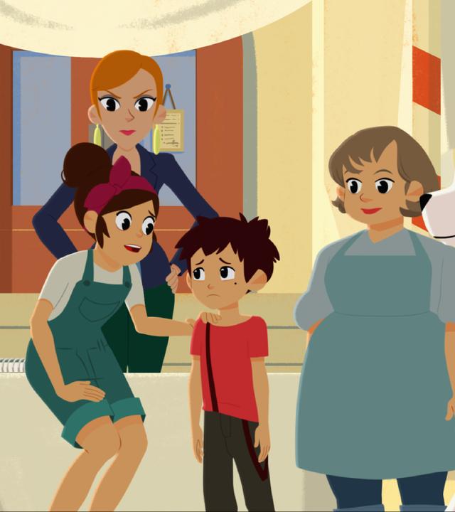 Sebastian steht traurig an der Anmeldung für das Hindernisrennen. Angelina tröstet ihn und legt ihre Hand auf seine Schulter. Belle steht zuversichtlich daneben (rechts).