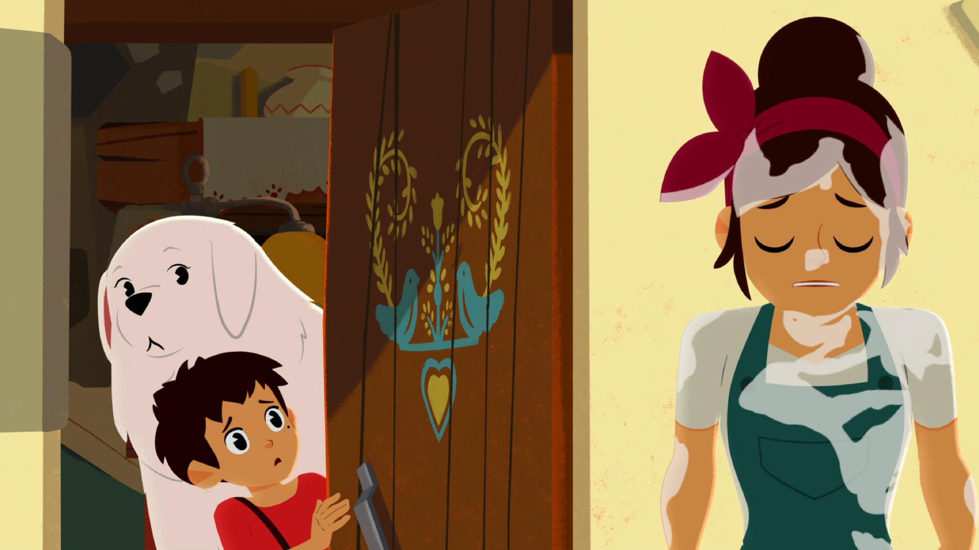 Angelina ist ganz nass und guckt sehr traurig. Belle und Sebastian schauen hinter einer Tür hervor und sehen sie.