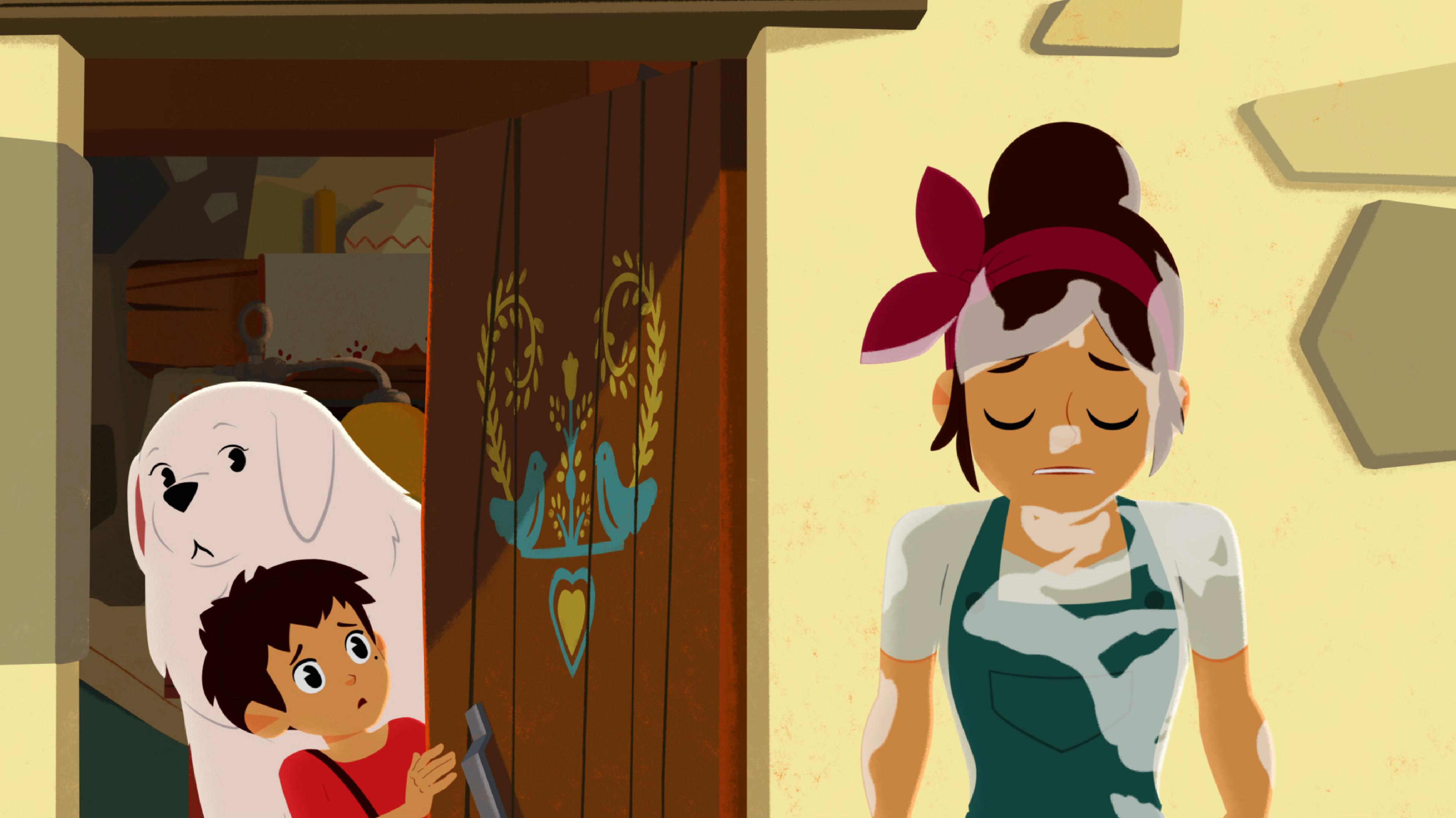 Angelina ist ganz nass und guckt sehr traurig. Belle und Sebastian schauen hinter einer Tür hervor und sehen sie.