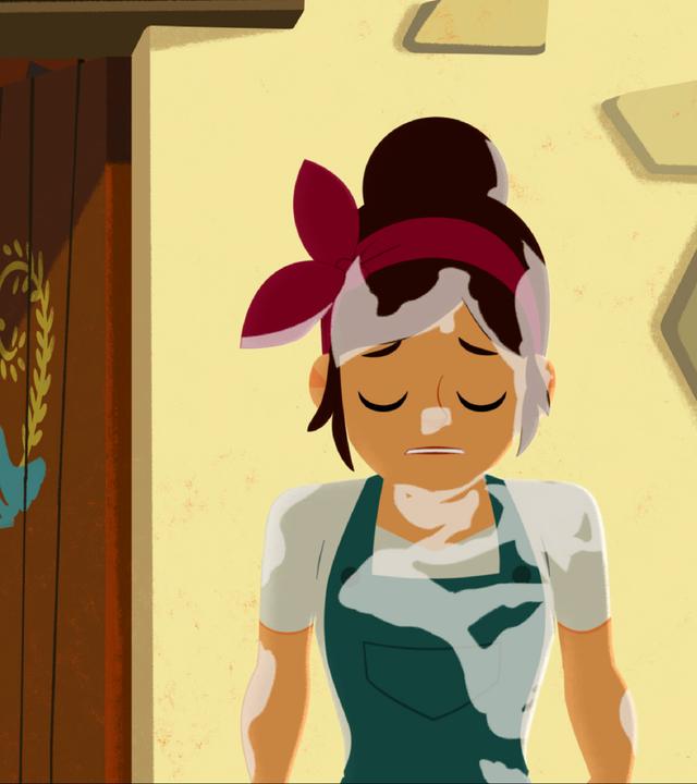 Angelina ist ganz nass und guckt sehr traurig. Belle und Sebastian schauen hinter einer Tür hervor und sehen sie.