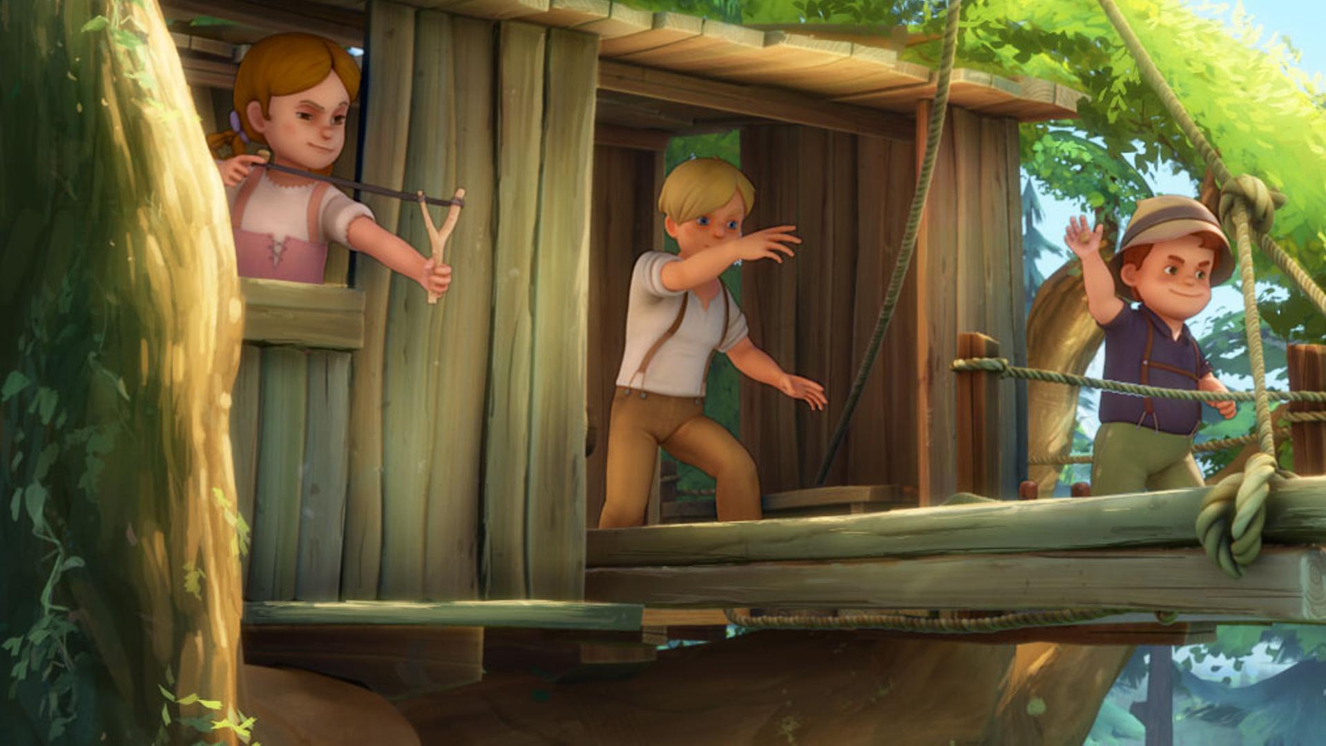 Karl, Theresa und Willi besetzen das Baumhaus. Sie leisten mit Schleudern Widerstand.