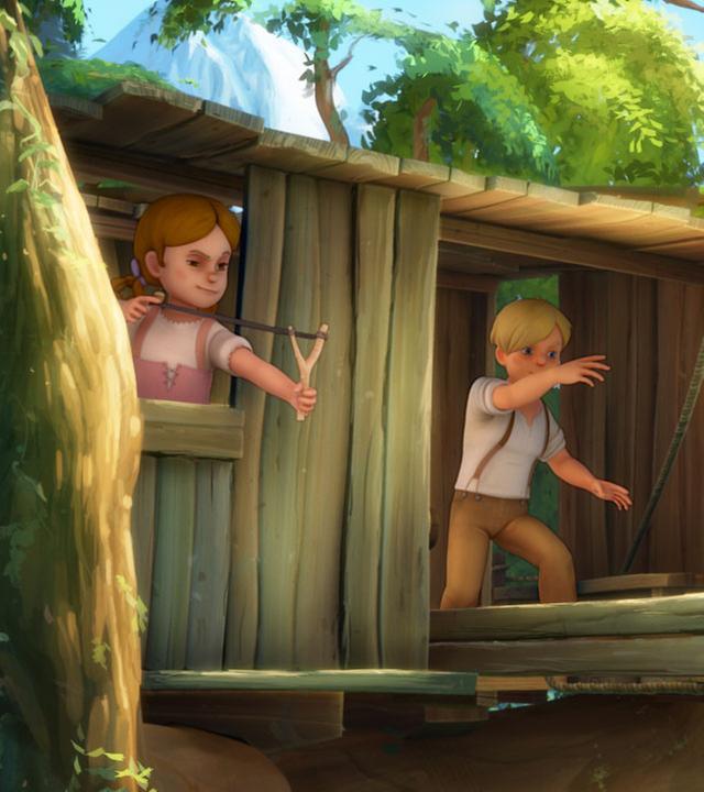 Karl, Theresa und Willi besetzen das Baumhaus. Sie leisten mit Schleudern Widerstand.