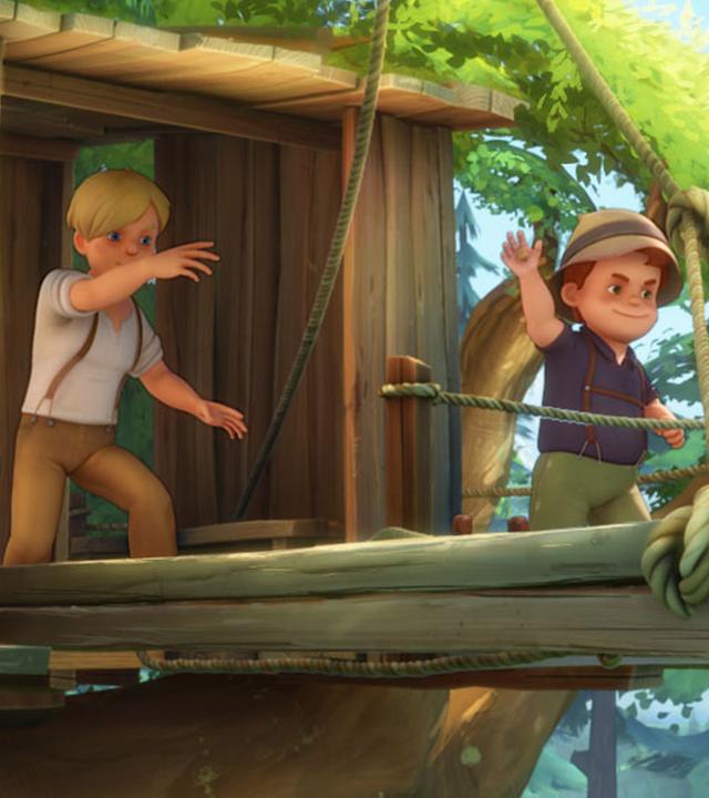 Karl, Theresa und Willi besetzen das Baumhaus. Sie leisten mit Schleudern Widerstand.