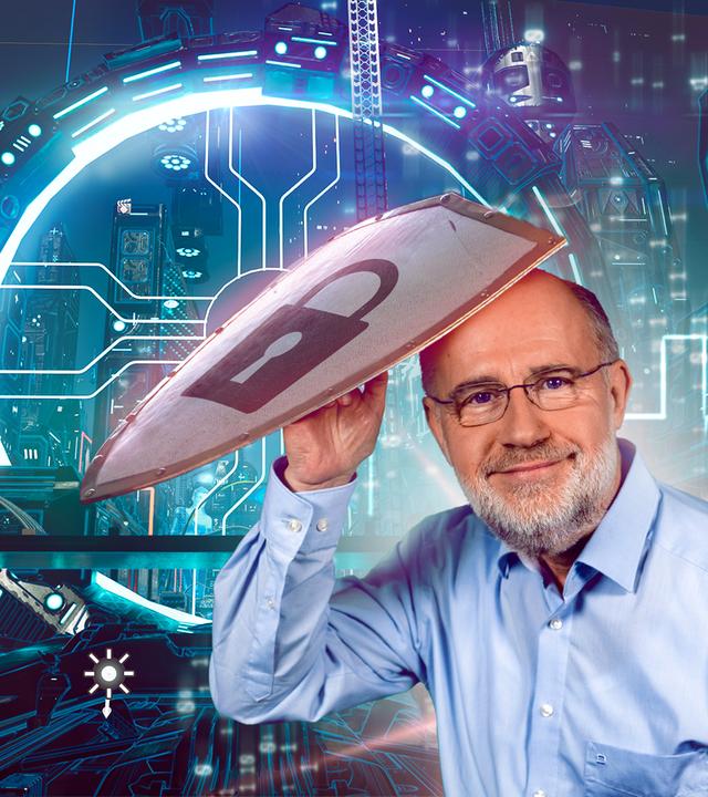 Grafik: Angriff aus dem Cyberspace - Harald Lesch mit Schutzschild