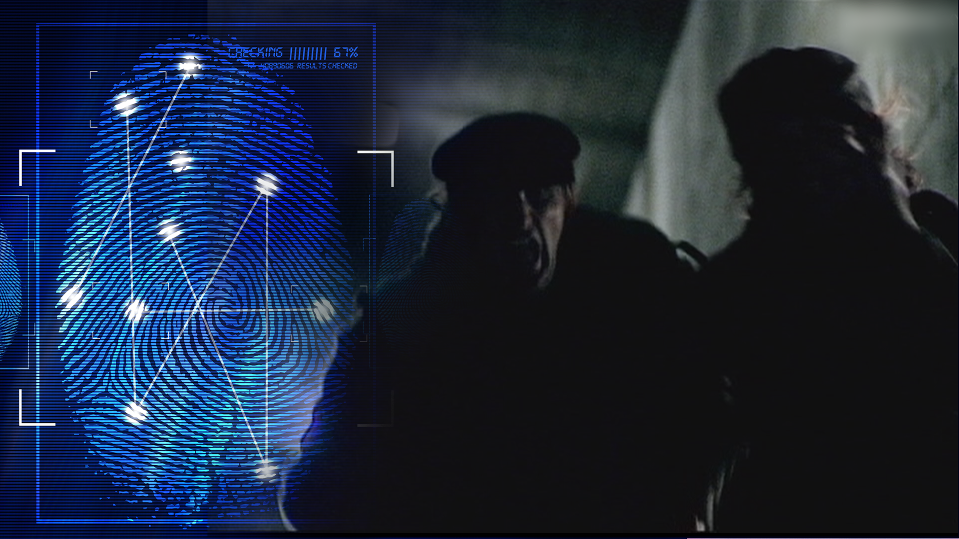 Filmszene im Dunkeln. Schemenhaft sind zwei Gestalten zu erkennen, die sich im Dunkeln begegnen. Links daneben: Lichtschematische Darstellung eines Fingerabdrucks.