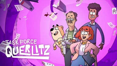 Illustration im Stil einer Erwachsenen-Animationsserie: Ein Team aus drei Menschen und einem Hund ist zentral ins Bild gesetzt und schaut in unterschiedliche Richtungen, als würden sie auf etwas reagieren. Der Hintergrund ist abstrakt in kräftigen Lila- und Pinktönen gehalten, während Dokumente, Ordner und eine verschüttete Kaffeetasse durch den Raum fliegen. Die Figuren sind karikaturhaft gestaltet und zeigen unterschiedliche Emotionen von Selbstbewusstsein bis Überforderung. Der Schriftzug "Taskforce Querlitz" steht für eine fiktionale Serie, die sich humorvoll mit überforderten Beamten nach einem Meteoriteneinschlag auseinandersetzt