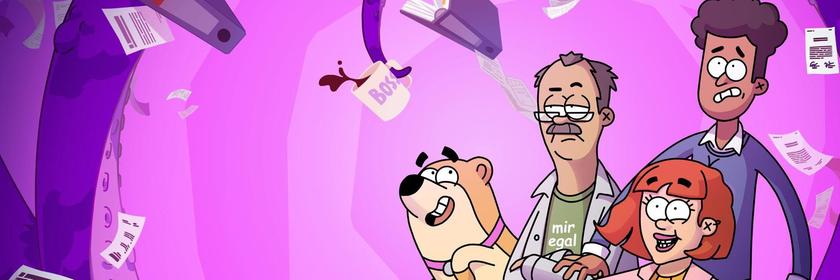 Illustration im Stil einer Erwachsenen-Animationsserie: Ein Team aus drei Menschen und einem Hund ist zentral ins Bild gesetzt und schaut in unterschiedliche Richtungen, als würden sie auf etwas reagieren. Der Hintergrund ist abstrakt in kräftigen Lila- und Pinktönen gehalten, während Dokumente, Ordner und eine verschüttete Kaffeetasse durch den Raum fliegen. Die Figuren sind karikaturhaft gestaltet und zeigen unterschiedliche Emotionen von Selbstbewusstsein bis Überforderung. Der Schriftzug "Taskforce Querlitz" steht für eine fiktionale Serie, die sich humorvoll mit überforderten Beamten nach einem Meteoriteneinschlag auseinandersetzt