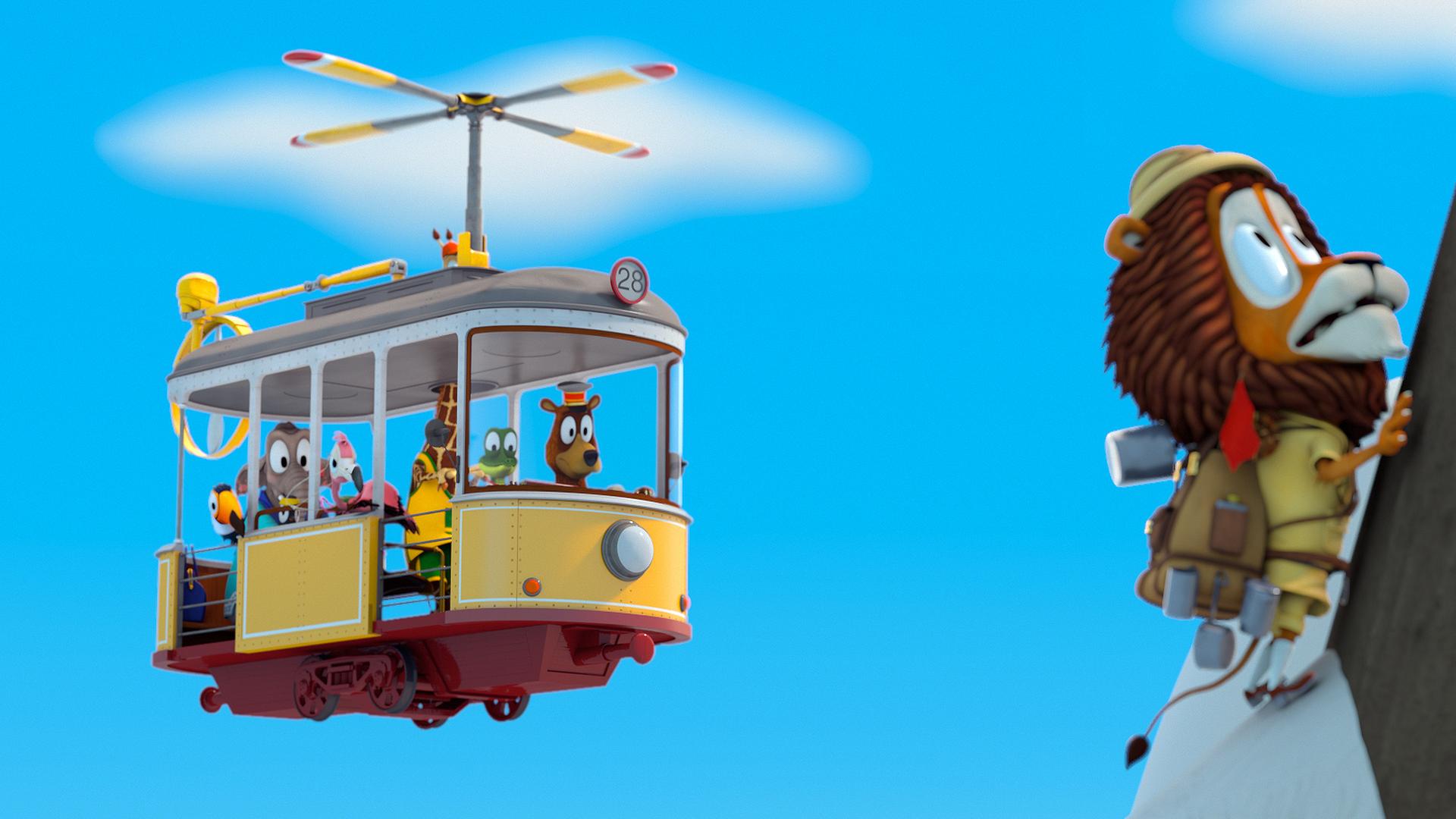 Lionel klettert einen Berg herauf und blickt ängstlich. Im Hintergrund sind Zacki und seine Freunde in einer fliegenden Bahn.