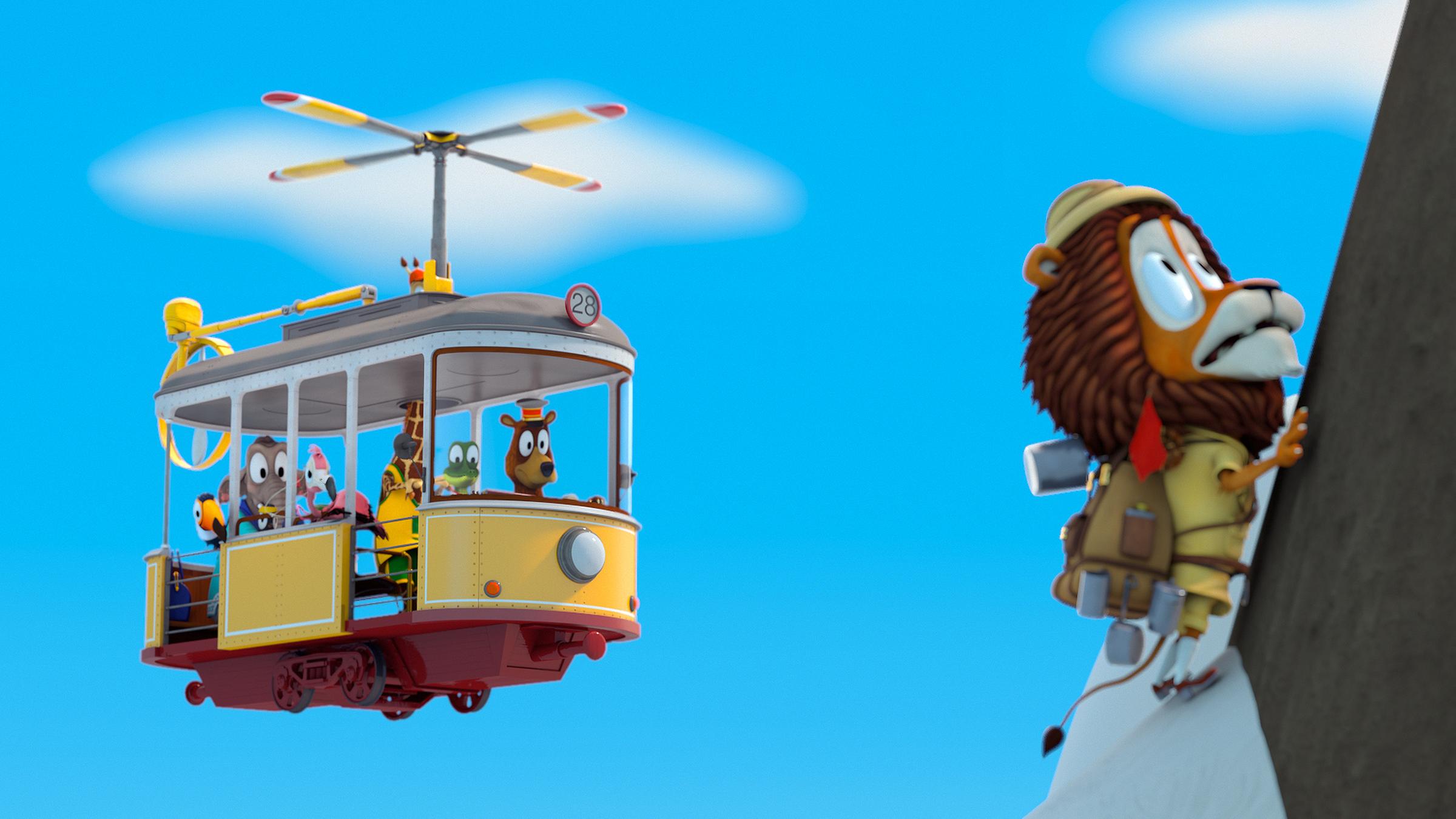 Lionel klettert einen Berg herauf und blickt ängstlich. Im Hintergrund sind Zacki und seine Freunde in einer fliegenden Bahn.