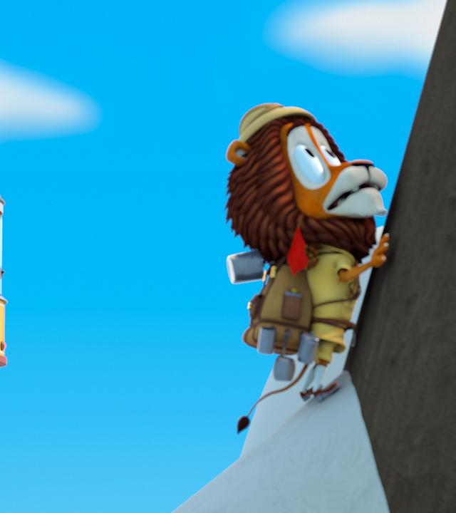 Lionel klettert einen Berg herauf und blickt ängstlich. Im Hintergrund sind Zacki und seine Freunde in einer fliegenden Bahn.