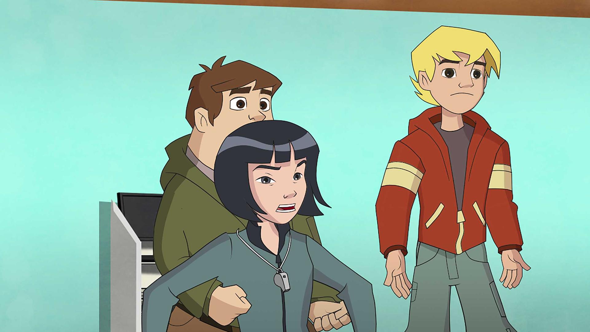 Die Freunde helfen Frau Stratmann, bevor die schwarzen Matten auf sie stürzen können.