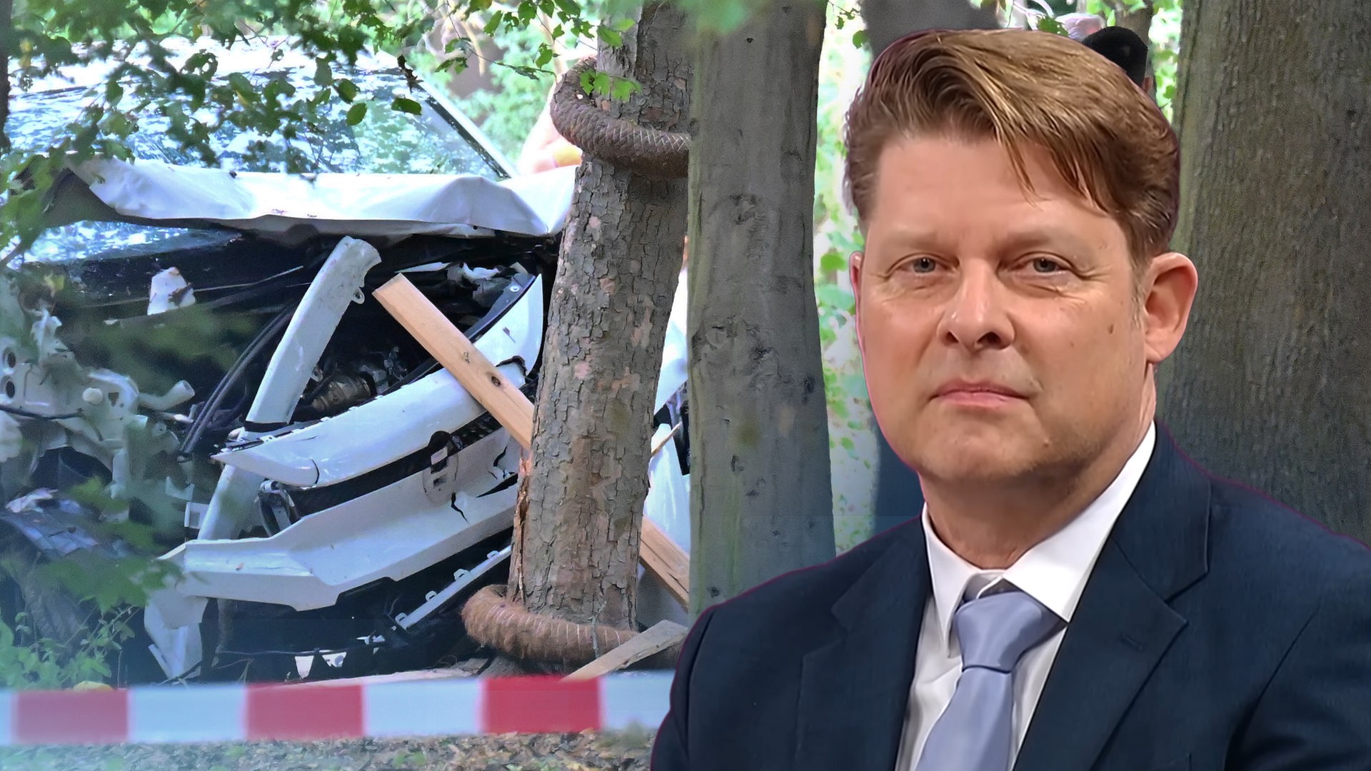 Islamwissenschaftler Guido Steinberg ist in einem Anzug zu sehen. Das Hintergrundbild ist von einem Autowrack.