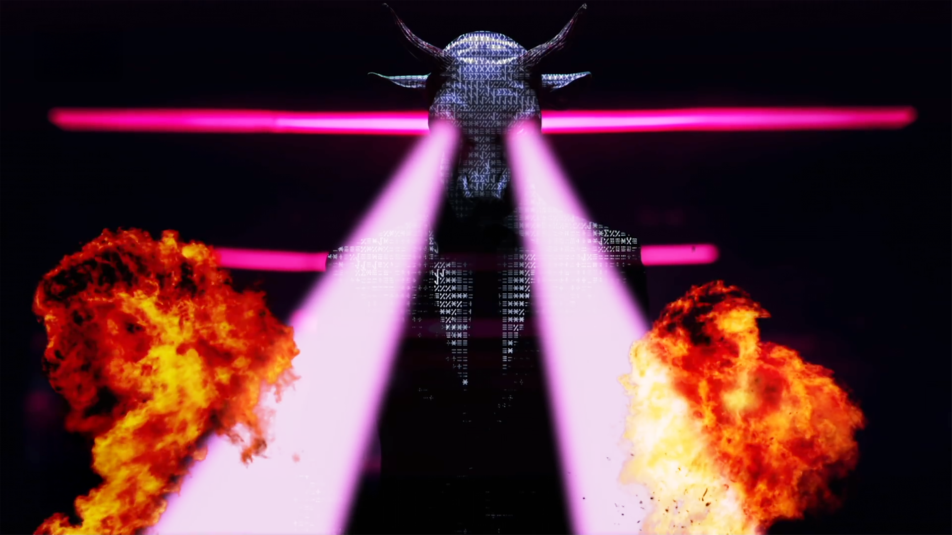 Computeranimation einer gehörnten Person, die aus Nullen und Einsen besteht, mit gehörntem Kopf und im Businessanzug, aus deren Aufen lila Laserstrahlen ausgehen, die zwei Explosionen verursachen.