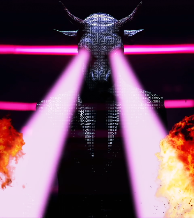 Computeranimation einer gehörnten Person, die aus Nullen und Einsen besteht, mit gehörntem Kopf und im Businessanzug, aus deren Aufen lila Laserstrahlen ausgehen, die zwei Explosionen verursachen.