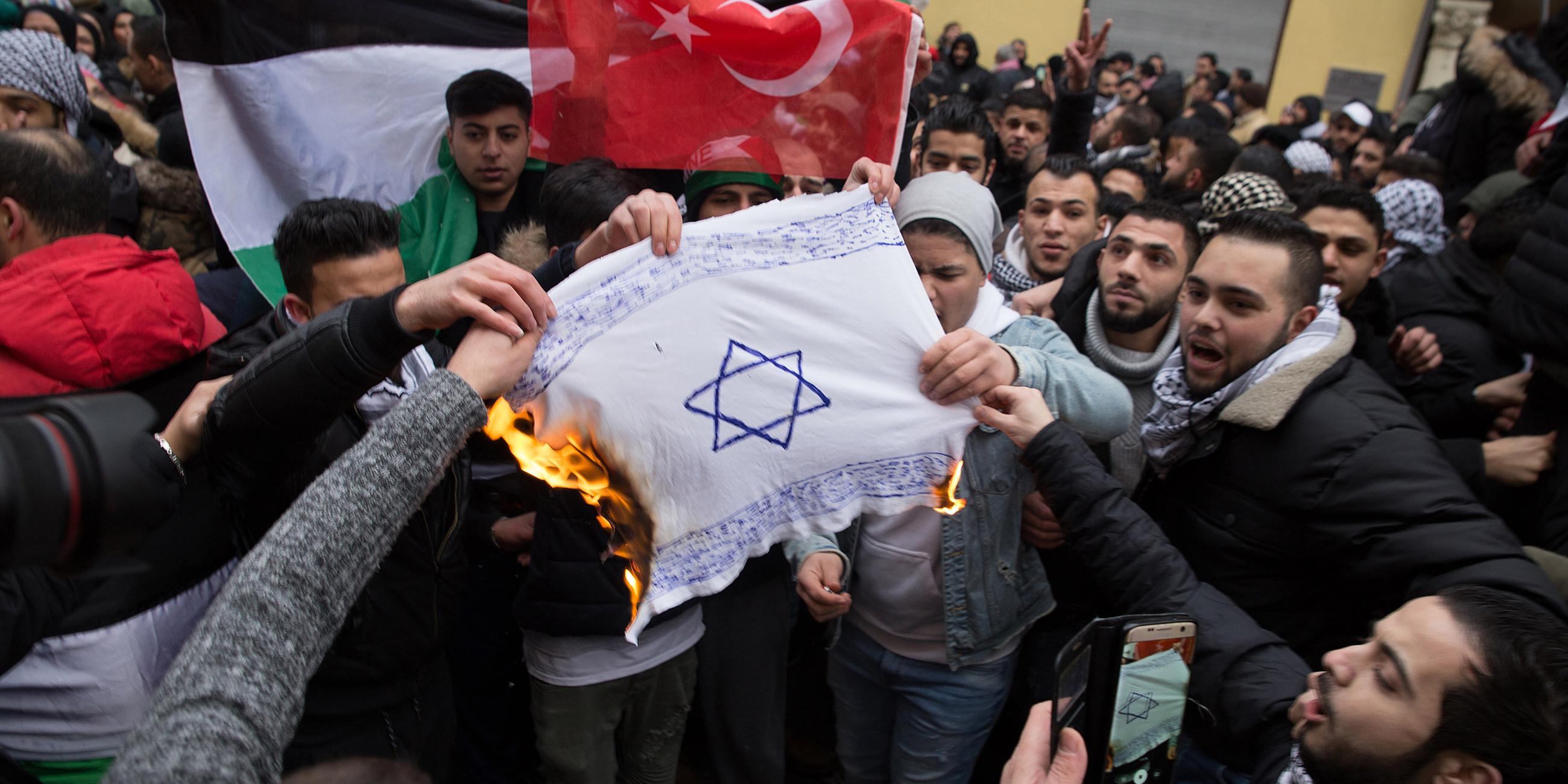 Archiv: Demonstranten verbrennen eine selbstgemalte Israel-Flagge in Berlin.