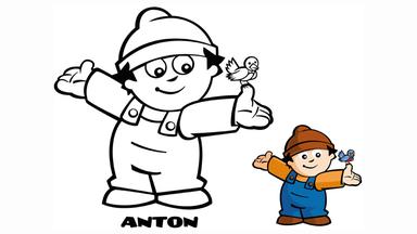 Mainzelmännchen-Ausmalbild: Anton mit ausgebreiteten Armen und einen Vögelchen auf einem Finger