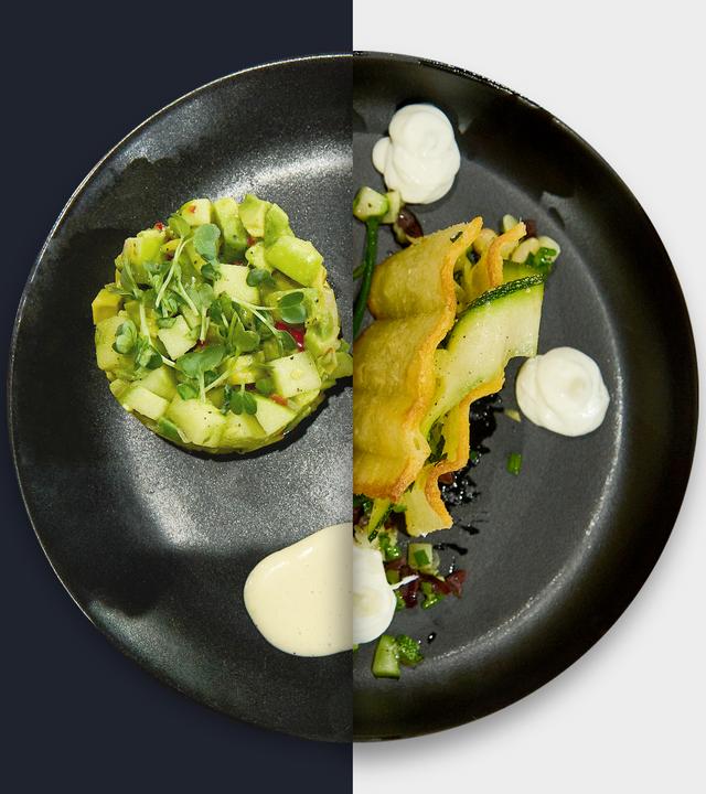 Apfel-Avocado-Tatar vs. Parmesan-Cracker