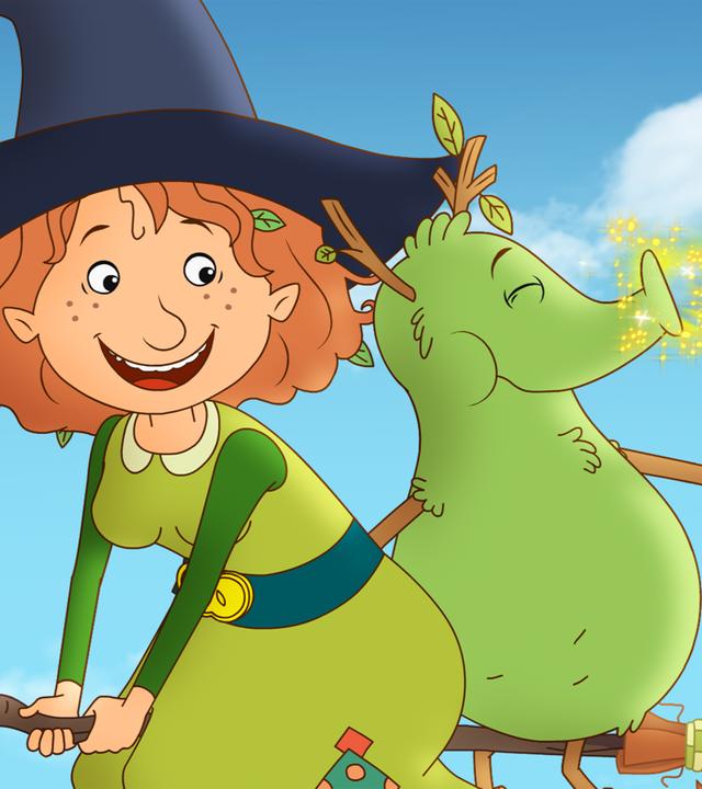 Petronella (links) will mit einer magischen Dusche des Mooslings (rechts) die schwere Baumkrankheit Apfelpfutsch heilen.