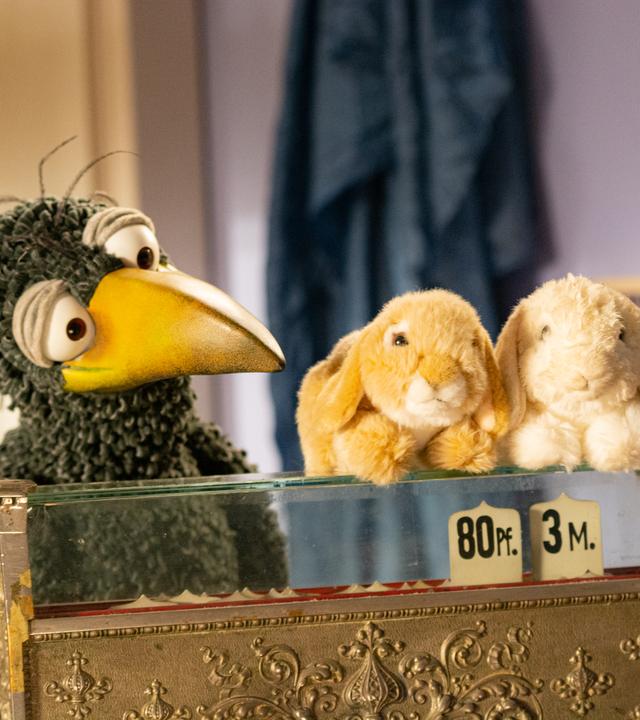 Rabe Rudi schaut zwei Kuscheltierhasen an, die auf einer Kasse liegen.