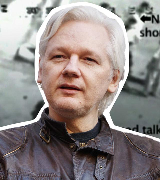 Wikileaks-Gründer Assange im Vordergrund; hinter ihm ein Bildausschnitt eines seiner Enthüllungsvideos von US-Einsätzen.