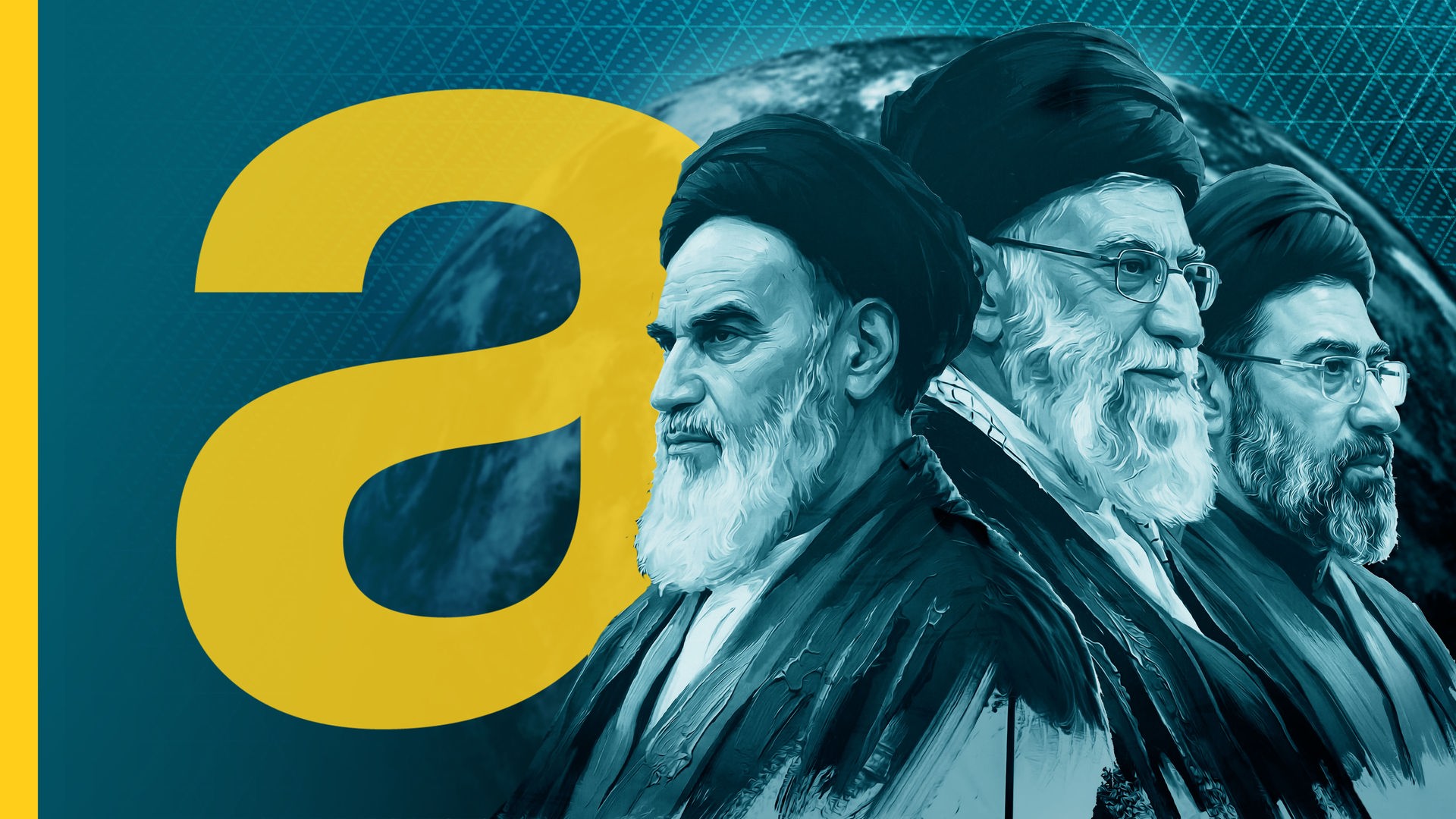 Köpfe der drei iranischen Ajatollahs Ruhollah Khomeini, Ali Chamenei und Mojtaba Chamenei, links daneben gelbes a
