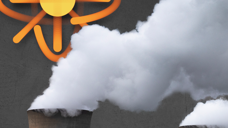 Zwei Kühltürme eines Atomkraftwerks, die Dampf ausstoßen, sowie ein Piktogramm eines Atomkerns mit Elektronen.