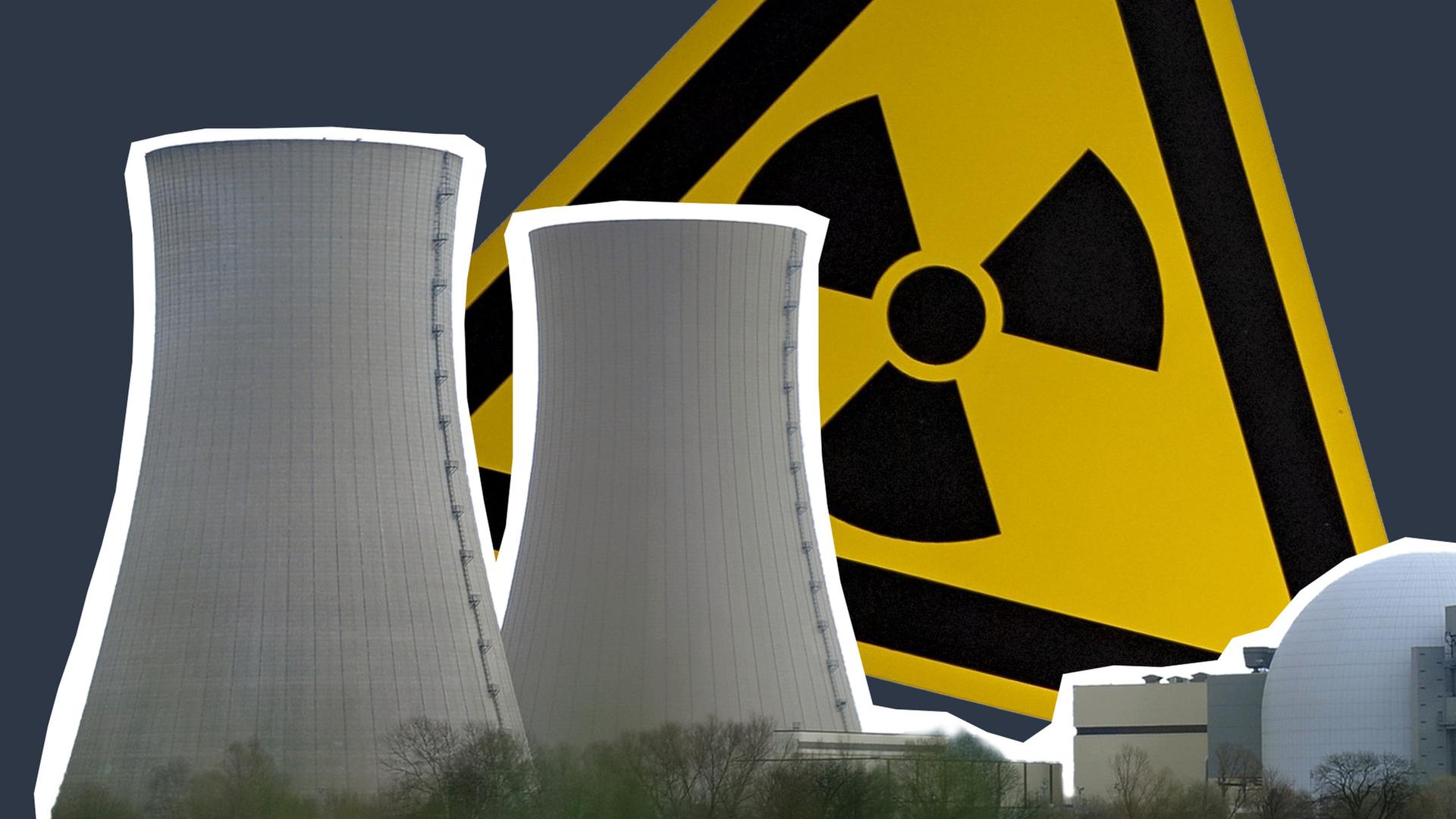 Zwei Atommeile und ein gelbes Warnzeichen