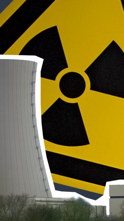 Zwei Atommeile und ein gelbes Warnzeichen