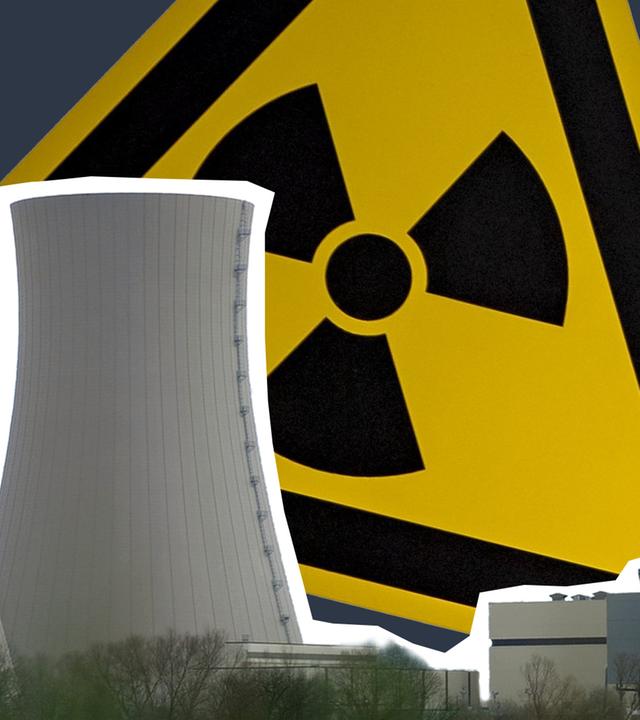 Zwei Atommeile und ein gelbes Warnzeichen