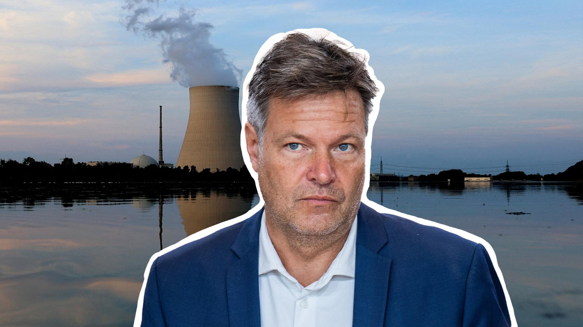Foto-Collage: Im Vordergrund Robert Habeck. Das Atomkraftwerk Isar 2 im Hintergrund. 