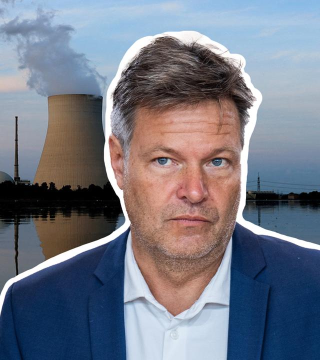 Foto-Collage: Im Vordergrund Robert Habeck. Das Atomkraftwerk Isar 2 im Hintergrund. 