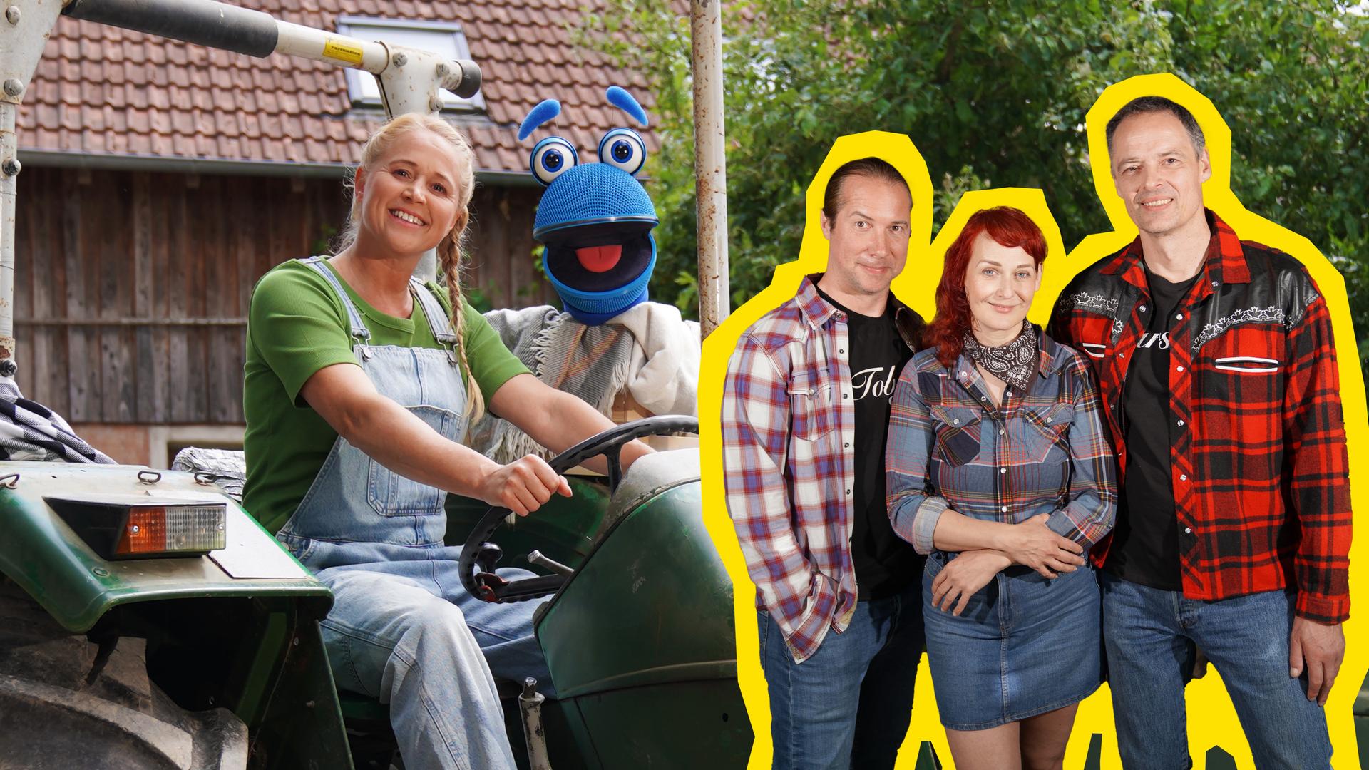 Singa und SingDing winken aus einem Stall in die Kamera