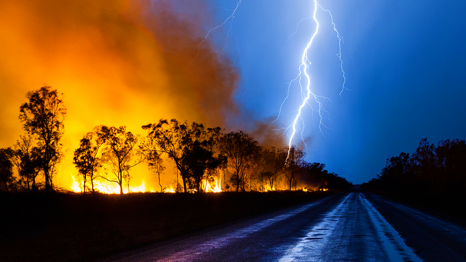 Straße mit brennendem Wald und Blitzen