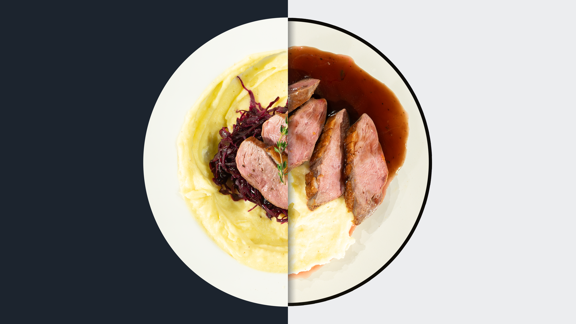Auf der Haut gebratene Entenbrust mit Portweinsauce, Rotkohl und Kartoffelpüree