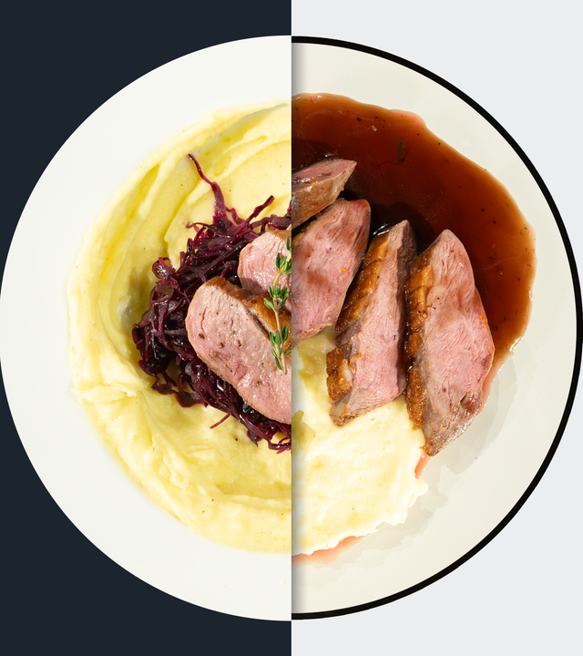 Auf der Haut gebratene Entenbrust mit Portweinsauce, Rotkohl und Kartoffelpüree